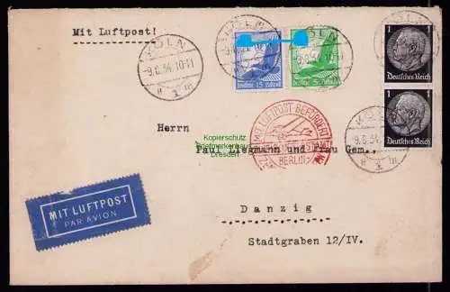 B19245 DR Brief Deutsches Reich Köln 1934 mit Luftpost über Berlin nach Danzig