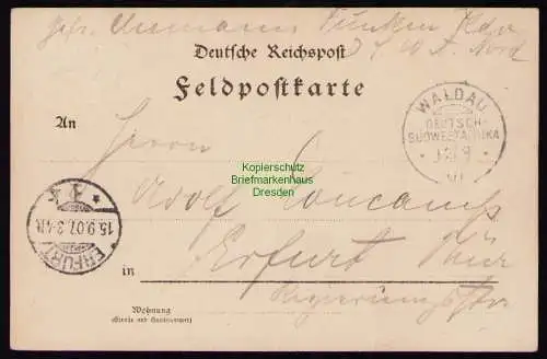 B19285 Postkarte Waldau Deutsch Südwestafrika 1907 Feldpost nach Erfurt