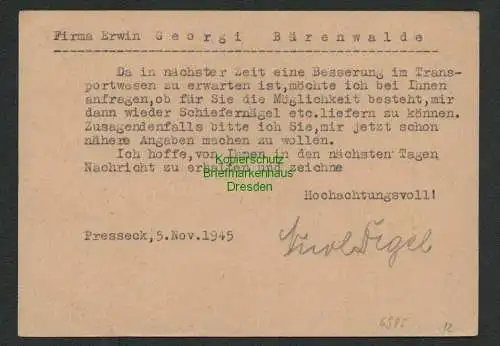 B6985 BAZ Ganzsache Military Censorship 13490 Pressek Obfr. nach Bärenwalde 1945