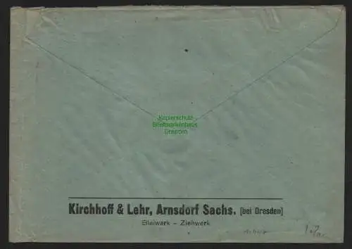 B11447 SBZ Brief 46 Notstempel Arnsdorf 1945 Kirchhoff  Lehr Bleiwerk Ziehwerk