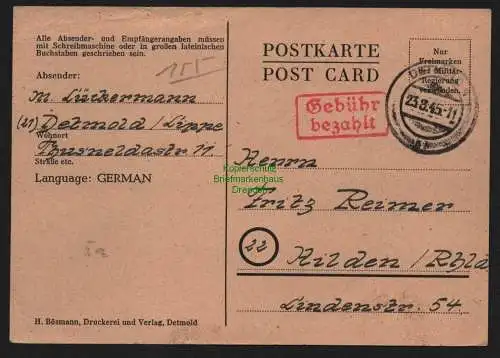 B10362 Postkarte BAZ Gebühr bezahlt 1945 Detmold nach Hilden