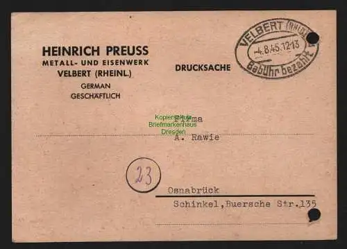 B10334 Brief BAZ Gebühr bezahlt 1945 Velbert nach Osnabrück Metall und Eisenwerk