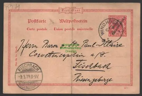 B10262 DSW Deutsch Südwestafrika Ganzsache Windhuk 1899 nach Fischbach Riesengeb