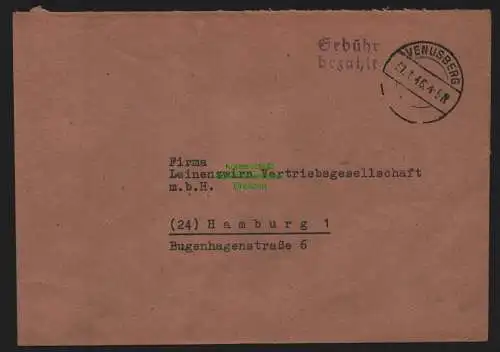 B10368 Brief SBZ Gebühr bezahlt 1946 Venusberg nach Hamburg