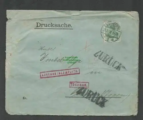 B-5465 Deutsches Reich Brief Meissen 1908 nach Osaka Japan und zurück