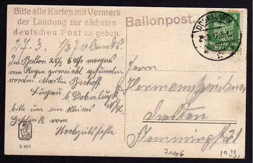 71106 AK Dresden Ballonpost 1927 Luftpost Findervermerk