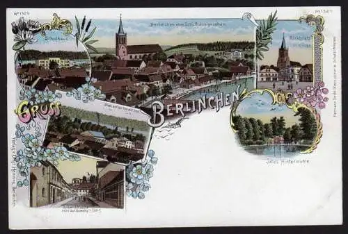 29278 AK Berlinchen Litho Rosenstrasse Schule Markt Kirche um 1900 Plöne