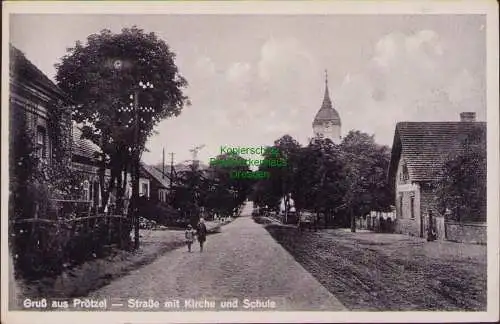 157569 Ansichtskarte Prötzel 1936 Straße mit Kirche und Schule Verlag Kunstanstalt Zibell