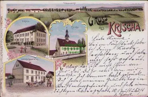 157731 Ansichtskarte Krischa Buchholz Vierkirchen um 1900 Schloss Kirche Andrichs Gasthaus