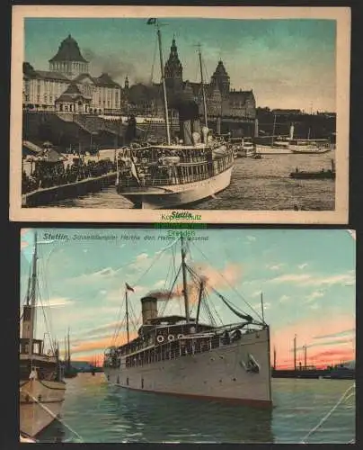 144287 2 Ansichtskarte Stettin 1907 Schnelldampfer Hertha Hafen Imperator beim ablegen