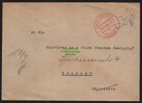 B10356 Brief BAZ Gebühr bezahlt 1946 Lauf (Pegnitz) an Sparkasse München