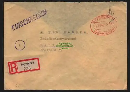 B10320 Brief BAZ Einschreiben Gebühr bezahlt 1946 Bayreuth 2 nach Berlin  NW7