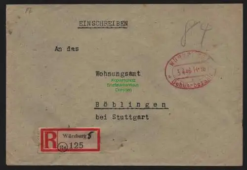 B10337 Brief Einschreiben BAZ Gebühr bezahlt 1946 Würzburg nach Böblingen