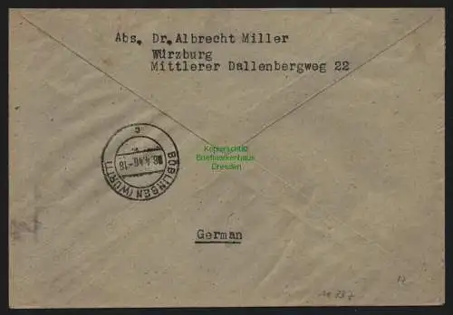 B10337 Brief Einschreiben BAZ Gebühr bezahlt 1946 Würzburg nach Böblingen