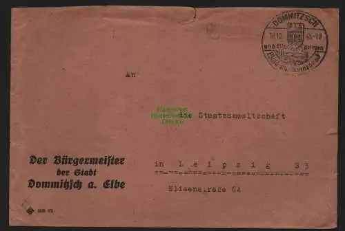 B10375 Brief SBZ Gebühr bezahlt 1945 Dommitzsch Der Bürgermeister nach Leipzig