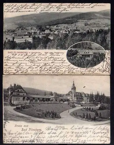 92629 2 Ansichtskarte Bad Flinsberg Schlesien Isergebirge Kurhaus 1901 Panorama 1904