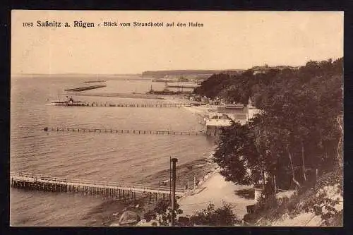 83750 Ansichtskarte Saßnitz Rügen Blick vom Strandhotel auf den Hafen 1917