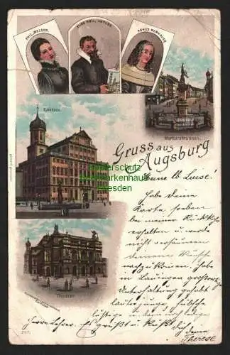 143903 Ansichtskarte Litho Augsburg Theater Rathaus Merkusbrunnen 1897