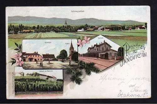 102278 Ansichtskarte Janovice nad Úhlavou Janowitz an der Angel Litho Bahnhof Schloss Kirch