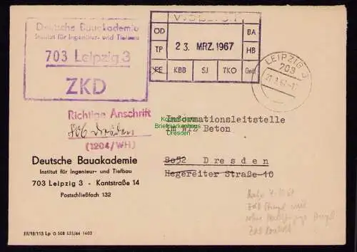 B21091 Brief DDR ZKD Leipzig 1967 Deutsche Bauakademie nach Dresden Richtige