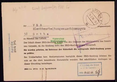 B21085 Brief Volkspolizei Kreisamt ZKD 5 a Apolda 1966 nach Gotha