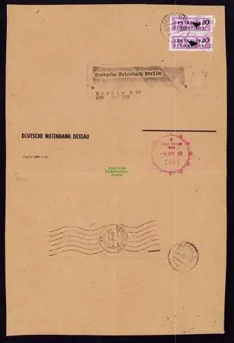 B21094 Briefauschnitt DDR ZKD 2x 15 8015 Notenbank Dessau nach Berlin