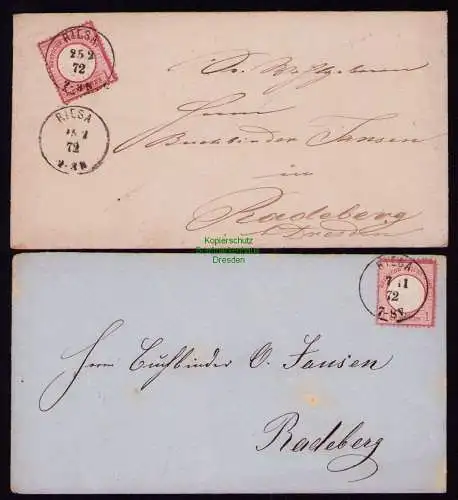 B21055 2x Brief DR Deutsches Reich 4 Riesa 1872 Radeberg Buchbinder Otto Jansen