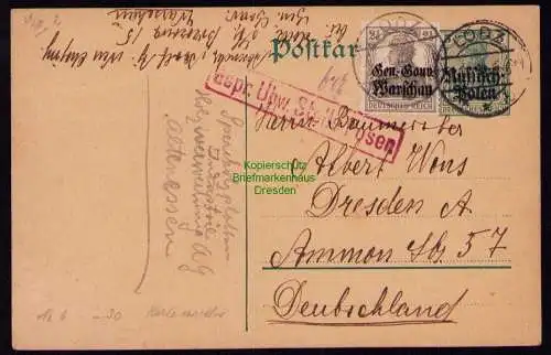 B21022 Postkarte Russisch Polen 1916 Lodz Gen.-Gouv. Warschau n. Dresden Zensur