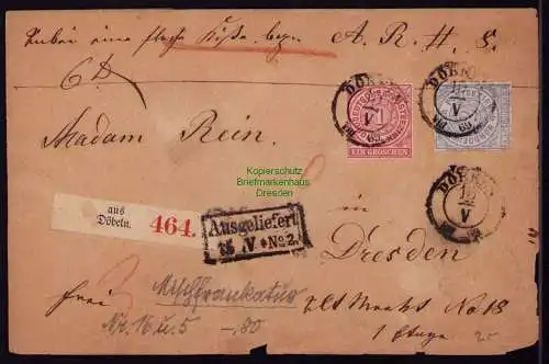 B21034 Brief Paketbegleitbrief NDP Döbeln 1869 n Dresden Aufkleber Hof- Post Amt