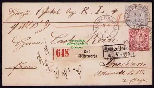 B21040 Brief Paketbegleitbrief NDP Elsterwerda 1869 nach Dresden Aufkleber Hof-