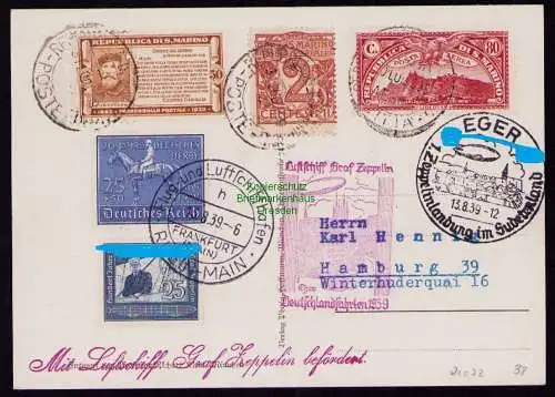 B21072 Karte m Luftschiff Graf Zeppelin befördert Eger Frankfurt Main San Marino