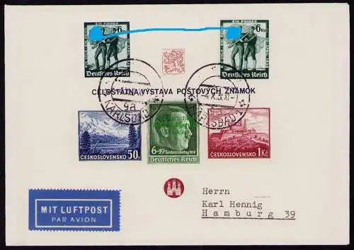 B21080 Brief DR Deutsches Reich 1938 aptierter Stempel Karlsbad Notstempel auf