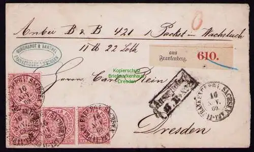 B21041 Brief Paketbegleitbrief NDP Frankenberg 1869 nach Dresden Aufkleber