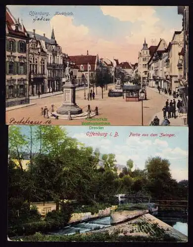 172853 2 AK Offenburg Marktplatz 1907 Partie aus dem Zwinger 1908