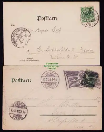 172752 2 Ansichtskarte Halle Saale 1899 Marktplatz Blick auf die Saale 1903 Flaggenstempel