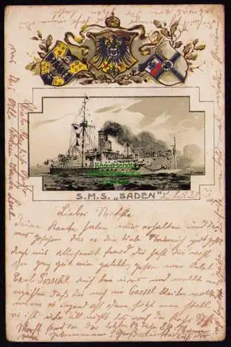 172630 Ansichtskarte Litho Lübeck 1904 S.M.S Baden Wappen