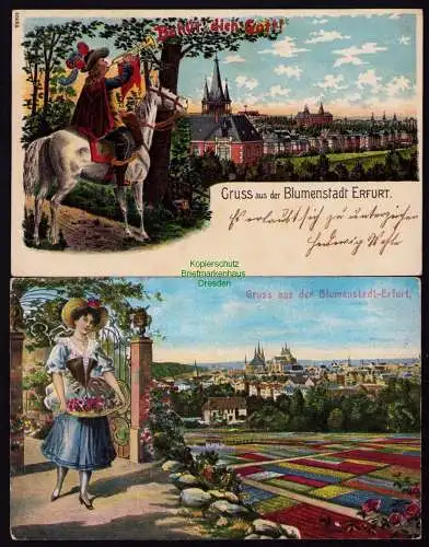 172641 2 Ansichtskarte Erfurt Blumenstadt Litho 1907 Panorama Blumenfelder 1910