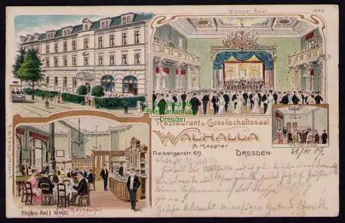 162489 Ansichtskarte Dresden Litho 1909 Restaurant Gesellschaftssaal Walhalla Freiberger St