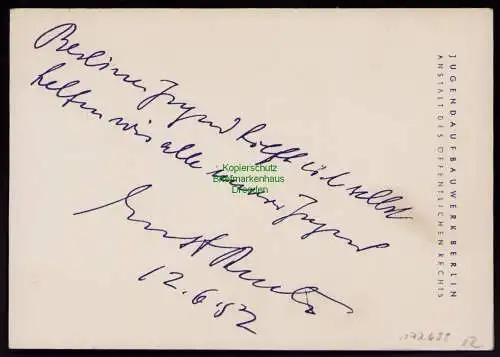 172688 AK Berlin 1952 Ernst Reuter Bürgermeister gedrucktes Autogramm m. Widmung