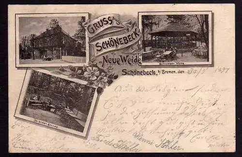 80348 Ansichtskarte Bremen Schönebeck 1897 Restaurant Neue Weide Biergarten Schweizer Hütt