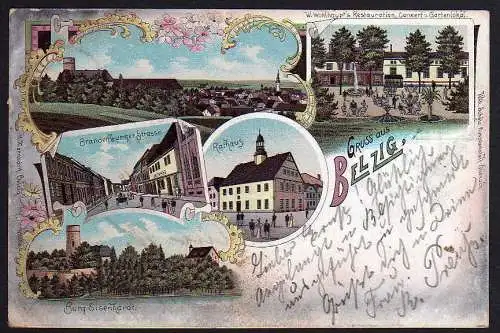 60875 Ansichtskarte Belzig Litho 1899 Wohlhaupts Restauration Rathaus Burg Eisenhardt