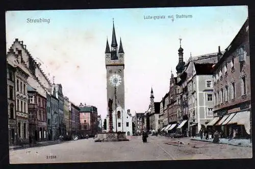 40200 Ansichtskarte Straubing Ludwigsplatz mit Stadtturm 1909