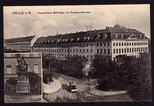 39060 Ansichtskarte Halle Saale Franckesche Stiftungen Francke Denkmal 1917 Feldpost