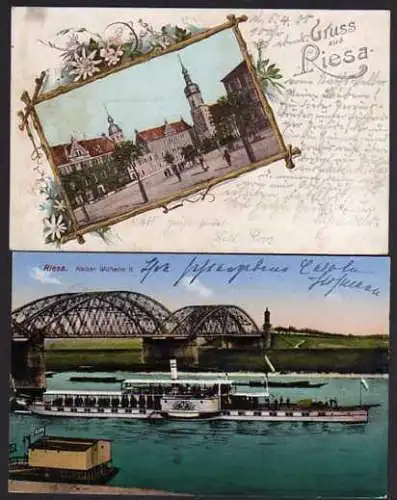 39152 2 Ansichtskarte Riesa Elbbrücke Dampfer Kaiser Wilhelm II. 1921 Marktplatz 1900