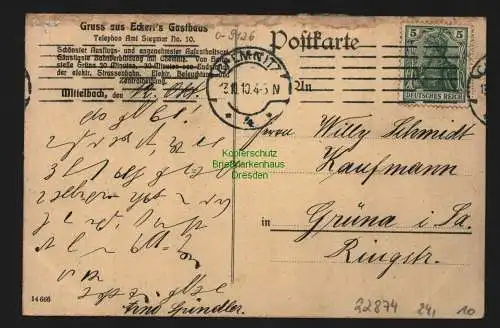 22874 Ansichtskarte Mittelbach Eckert´s Gasthaus Rathaus Kirche , gelaufen 1910