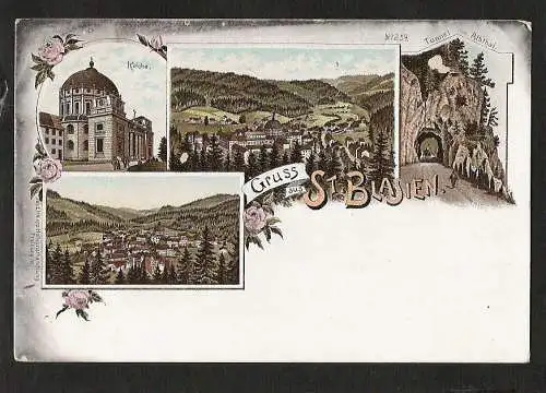 22039 AK Litho St. Blasien 1900 Kirche Tunnel im Albthal Panorama, ungelaufen