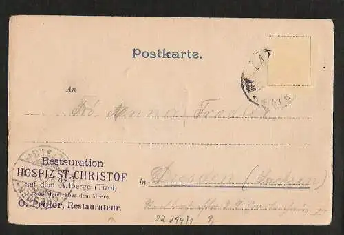 22294 AK St Cristoph auf dem Arlberg 1900 gelaufen, Marke abgelöst