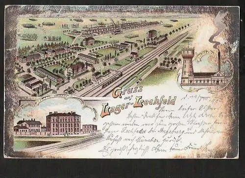 22008 Ansichtskarte Lager Lechfeld schöne Litho 1899 Bahnhof Zug Fabrik, gelaufen   1899