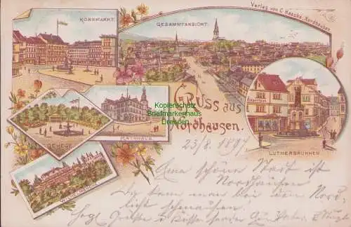 170092 Ansichtskarte Nordhausen Litho 1897 Kornmarkt Lutherbrunnen Rathaus Wilhelmshöhe