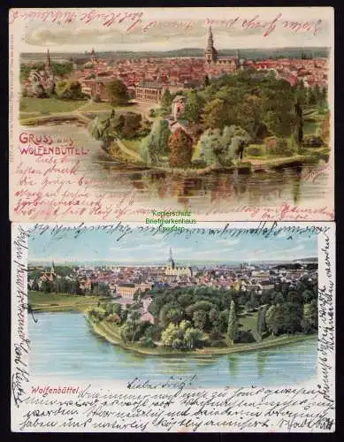 165703 2 Ansichtskarte Wolfenbüttel Litho Künstlerkarte Erwin Spindler 1900 Panorama